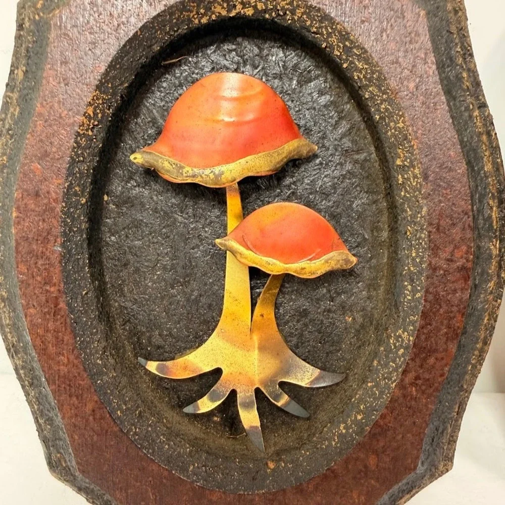 Vintage 3D Mushroom and Leaf Wood Wall Art Plaques Set 2 MCM Nature Metal Decor